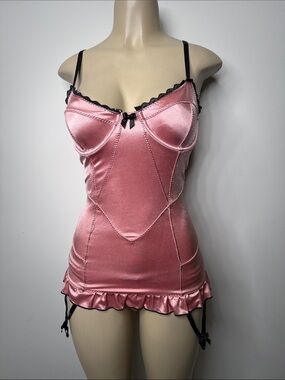 Silky Rose Pink Satin Chemise with Black Trim